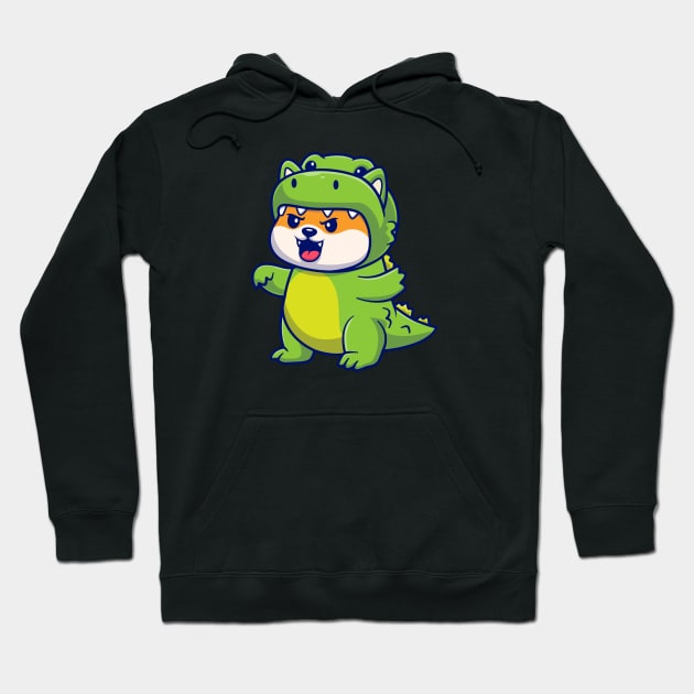 Cute Shiba Inu Dog Wearing Dino Costume Cartoon Hoodie by Catalyst Labs